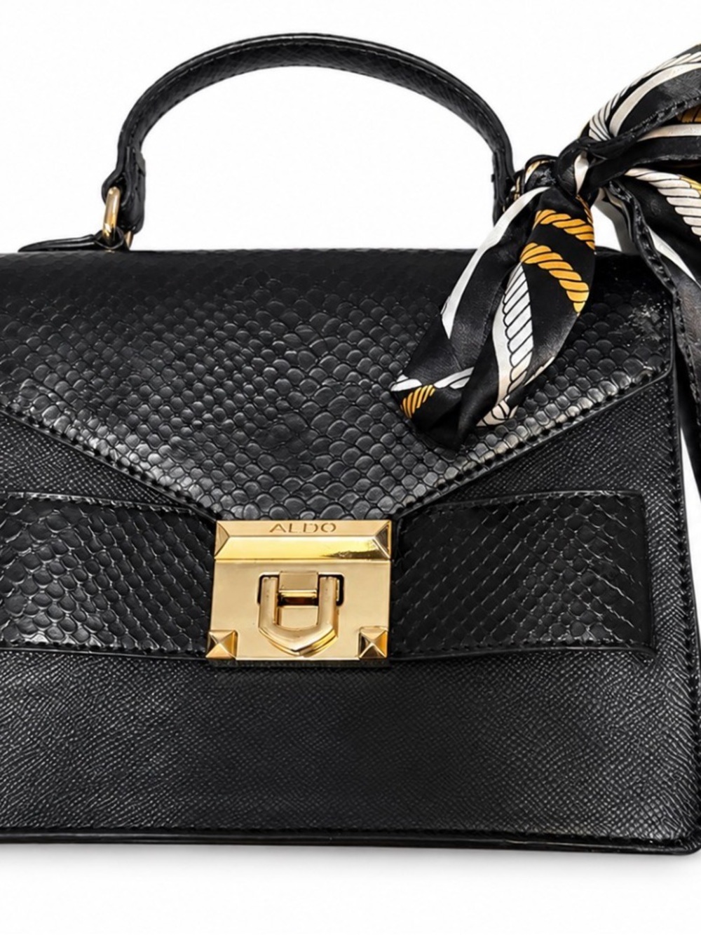 ALDO Black Top-Handle Satchel with Gold Hardware and Scarf Accent